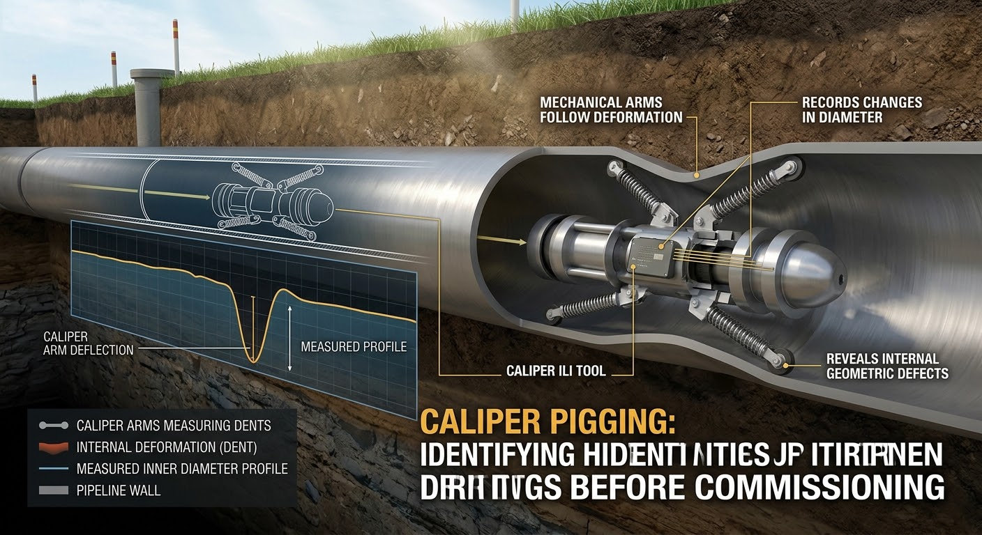 Cutaway of a buried pipeline with a caliper in-line inspection tool measuring an internal dent