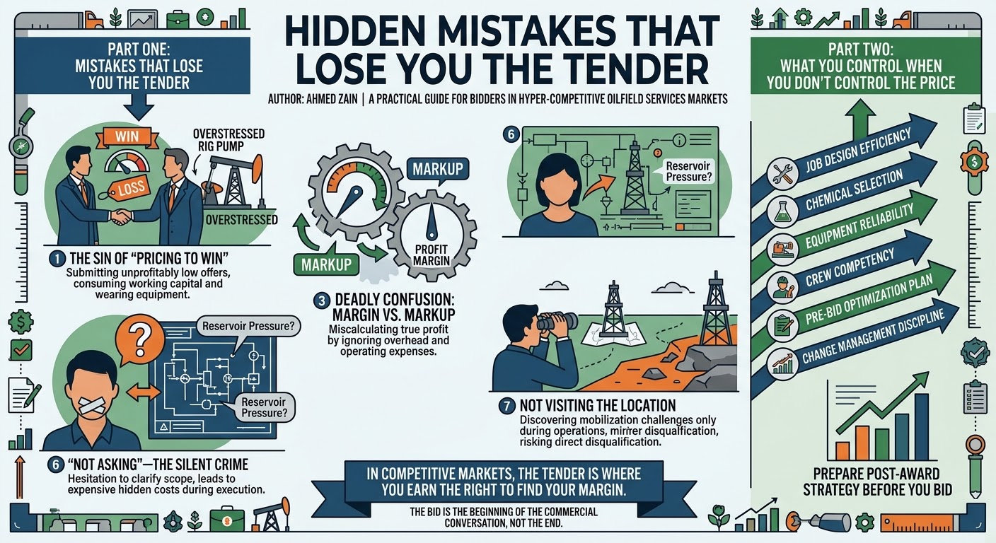 Infographic of the hidden mistakes that lose oilfield services tenders, and the variables a bidder still controls