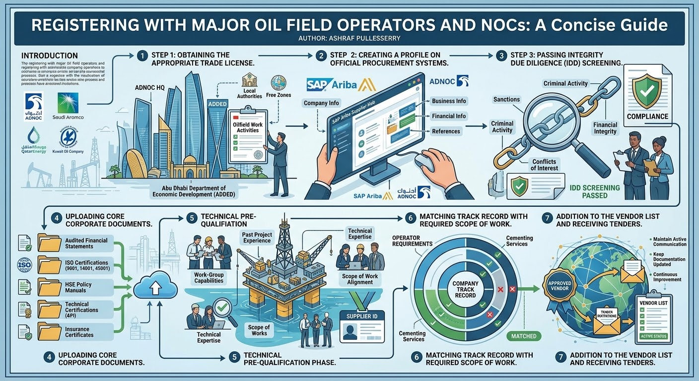 Infographic of the seven steps to registering with major oil field operators and national oil companies