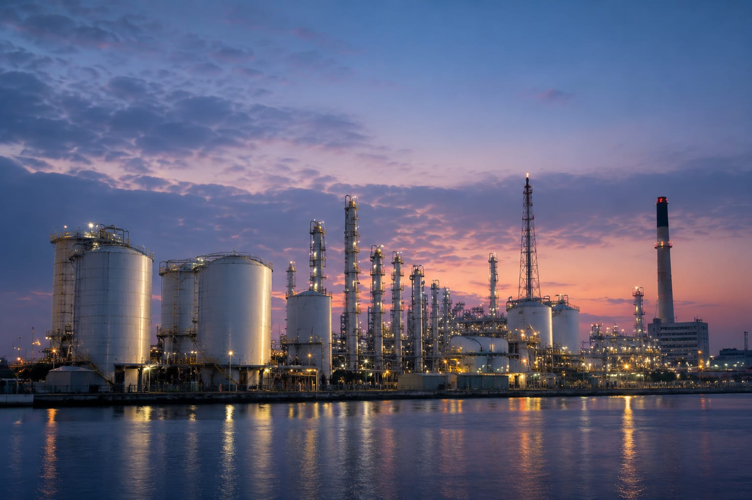 Refinery at twilight beside the water