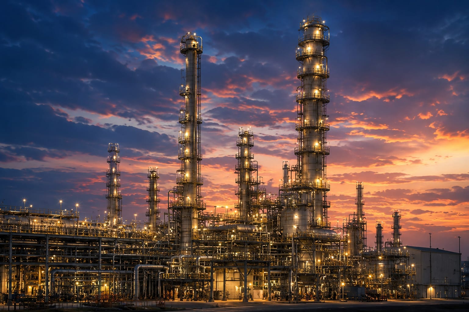 Petrochemical refinery at dusk