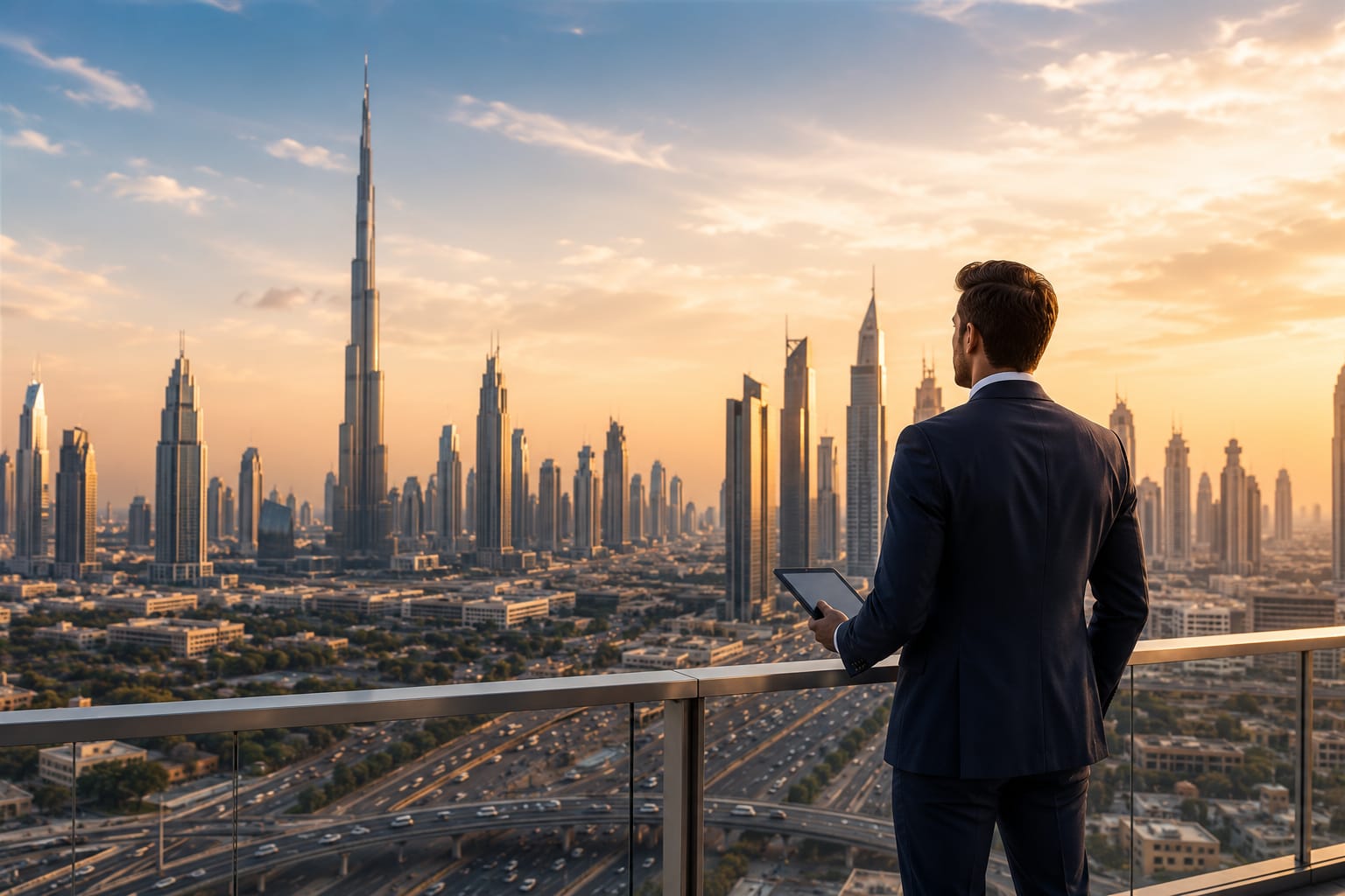 Executive reviewing market strategy above the Dubai skyline