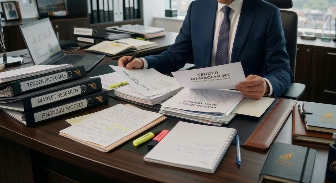 Consultant reviewing a tender management file beside tender proposal, market research and financial model binders