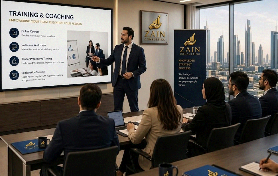 Zain Consulting trainer leading a tender procedures workshop